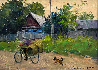 Rustic oil painting by Boris Serdyuk: cyclist with yellow container and dog on dirt path