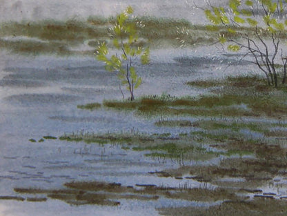 Watercolor painting The river rose in the field by Valery Savenets serene wetland scene