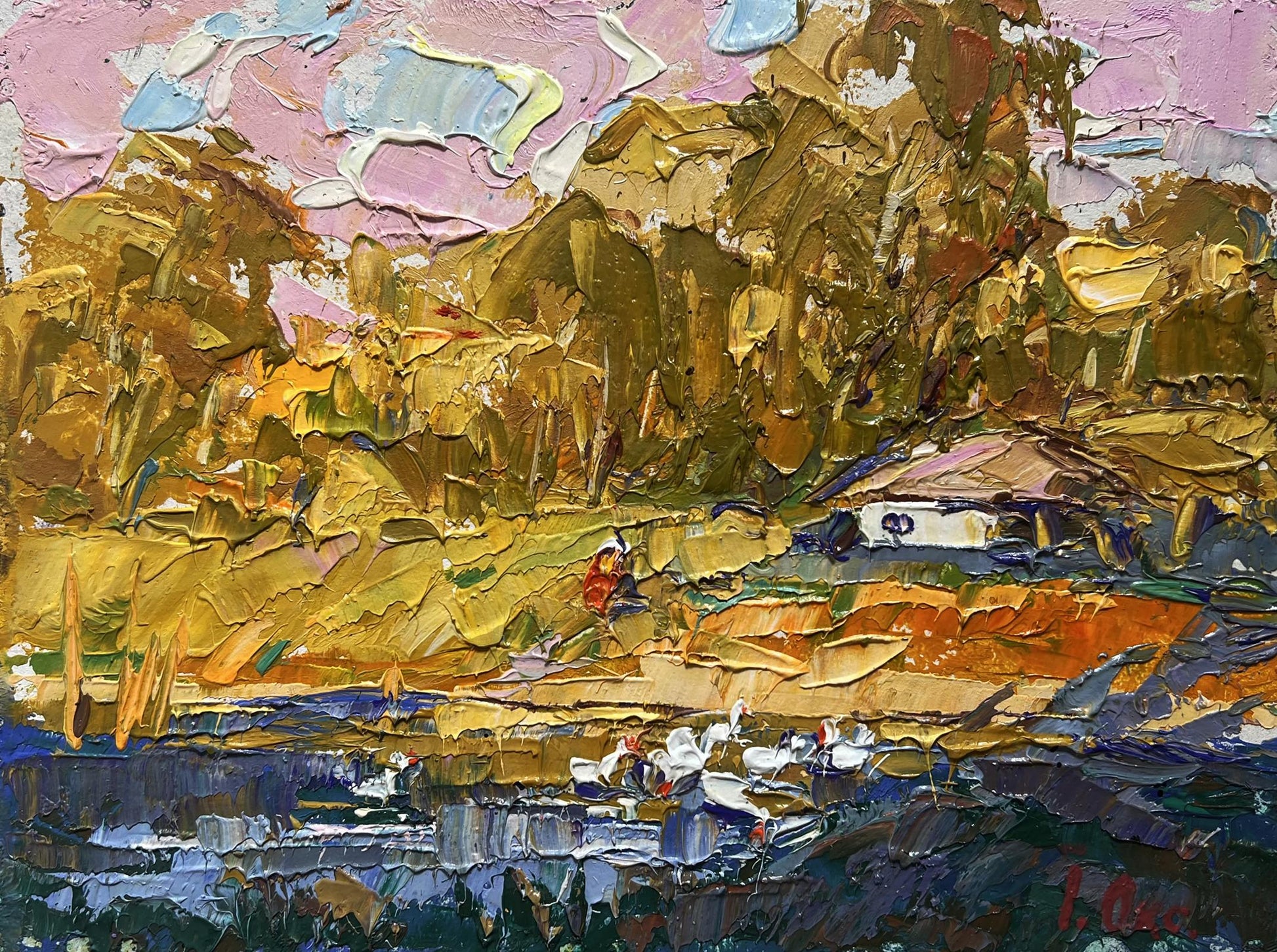 Oil painting of splashing ducklings by Oksana Ivanyuk in warm impasto golds