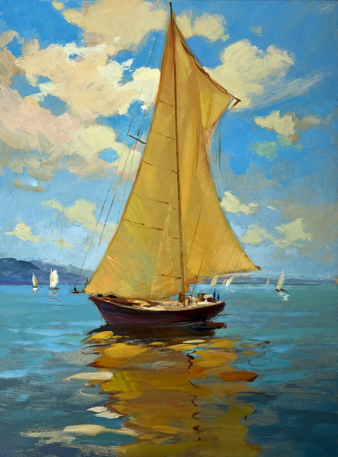 Oil painting Towards the Wind by Yuriy Suprunchuk: sailboat gliding on blue waters