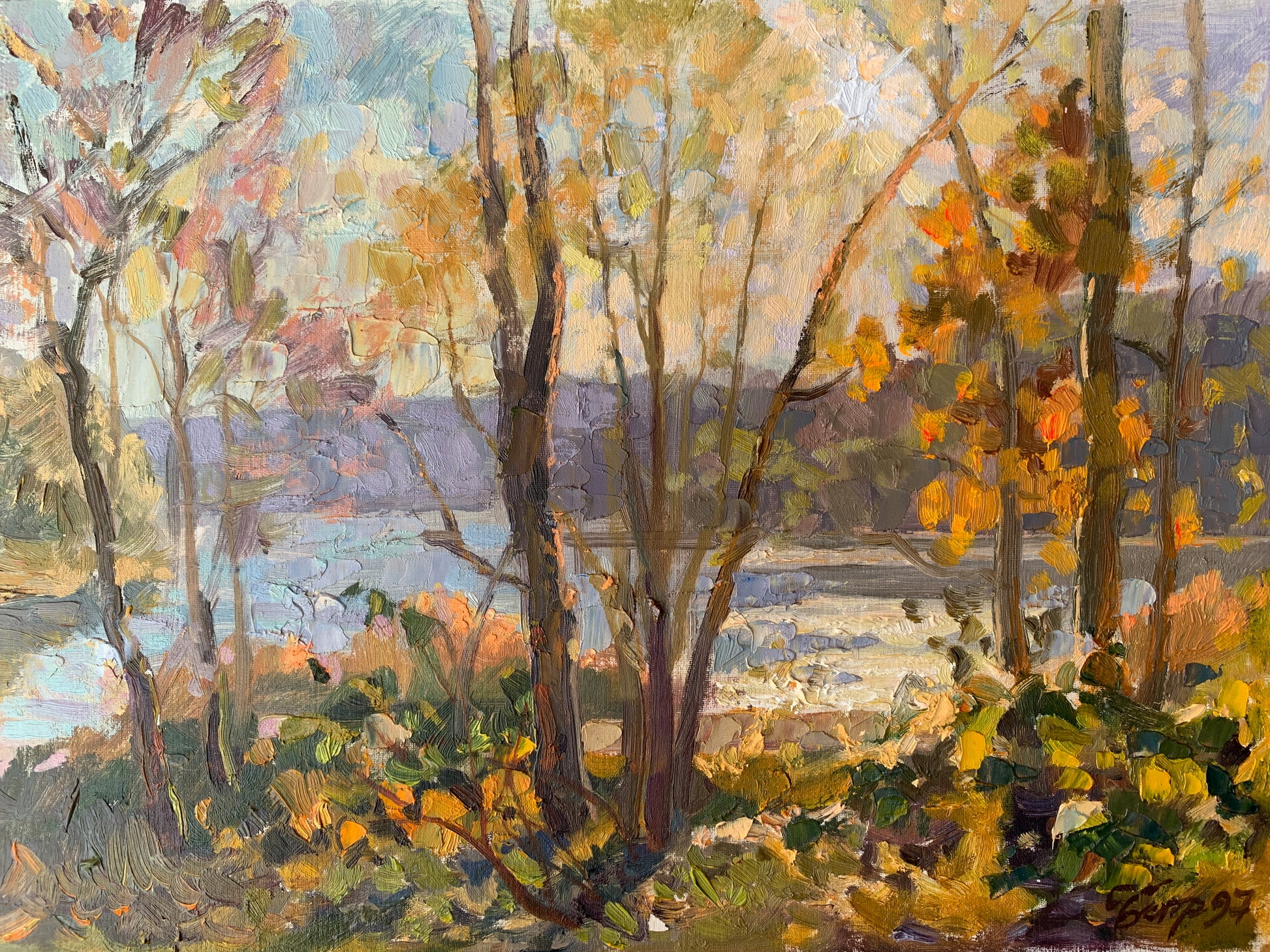 Autumn landscape oil painting by Vladimir Batrakov, golden trees, blue sky