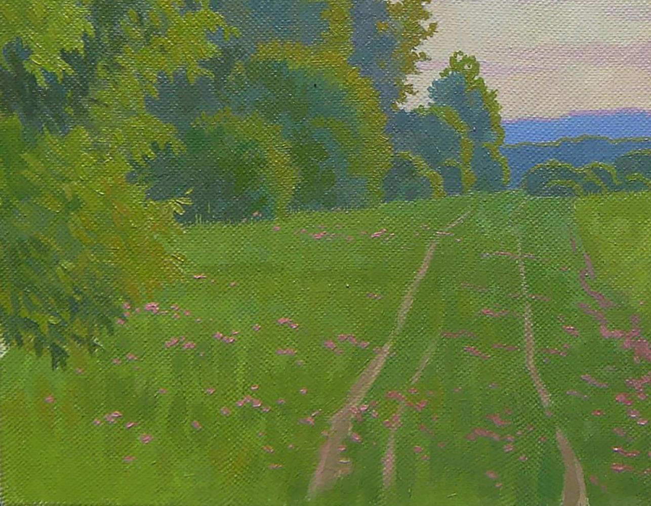 Oil painting Morning summer field by Valery Savenets: green landscape with pink wildflowers