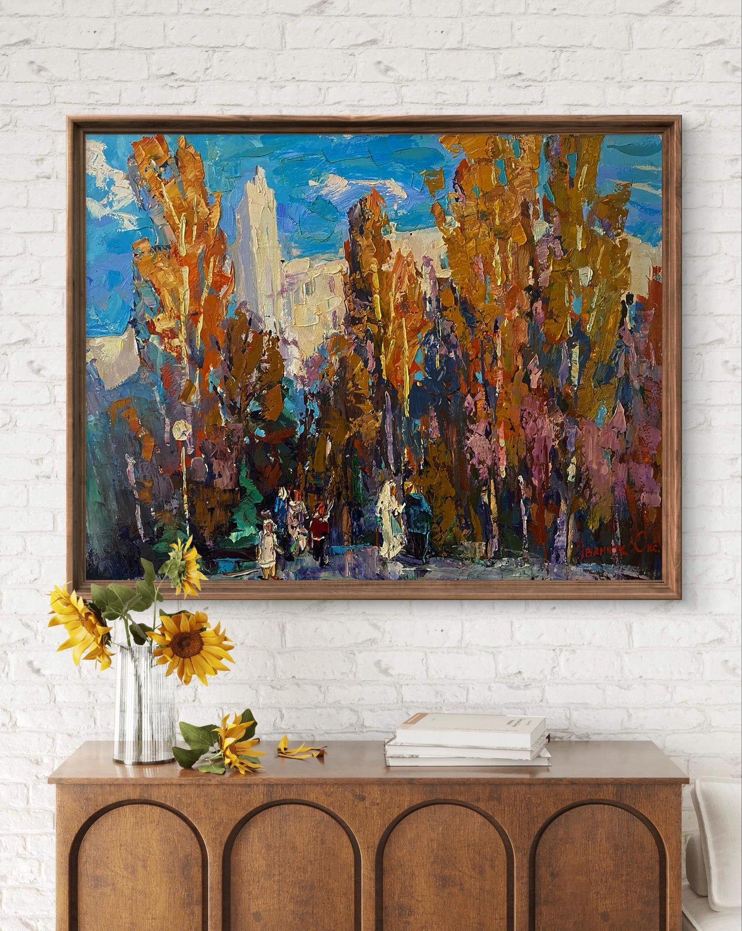Oil painting At the Obelisk by Oksana Ivanyuk in wooden frame
