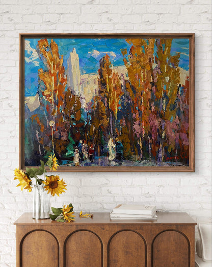 Oil painting At the Obelisk by Oksana Ivanyuk in wooden frame