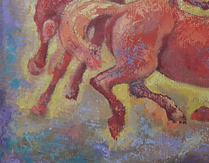 Vibrant oil painting of red horse running in circles by Vasily Korkishko