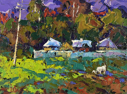 Vibrant impressionist oil painting by Oleksiy Ivanyuk: cottages on village edge