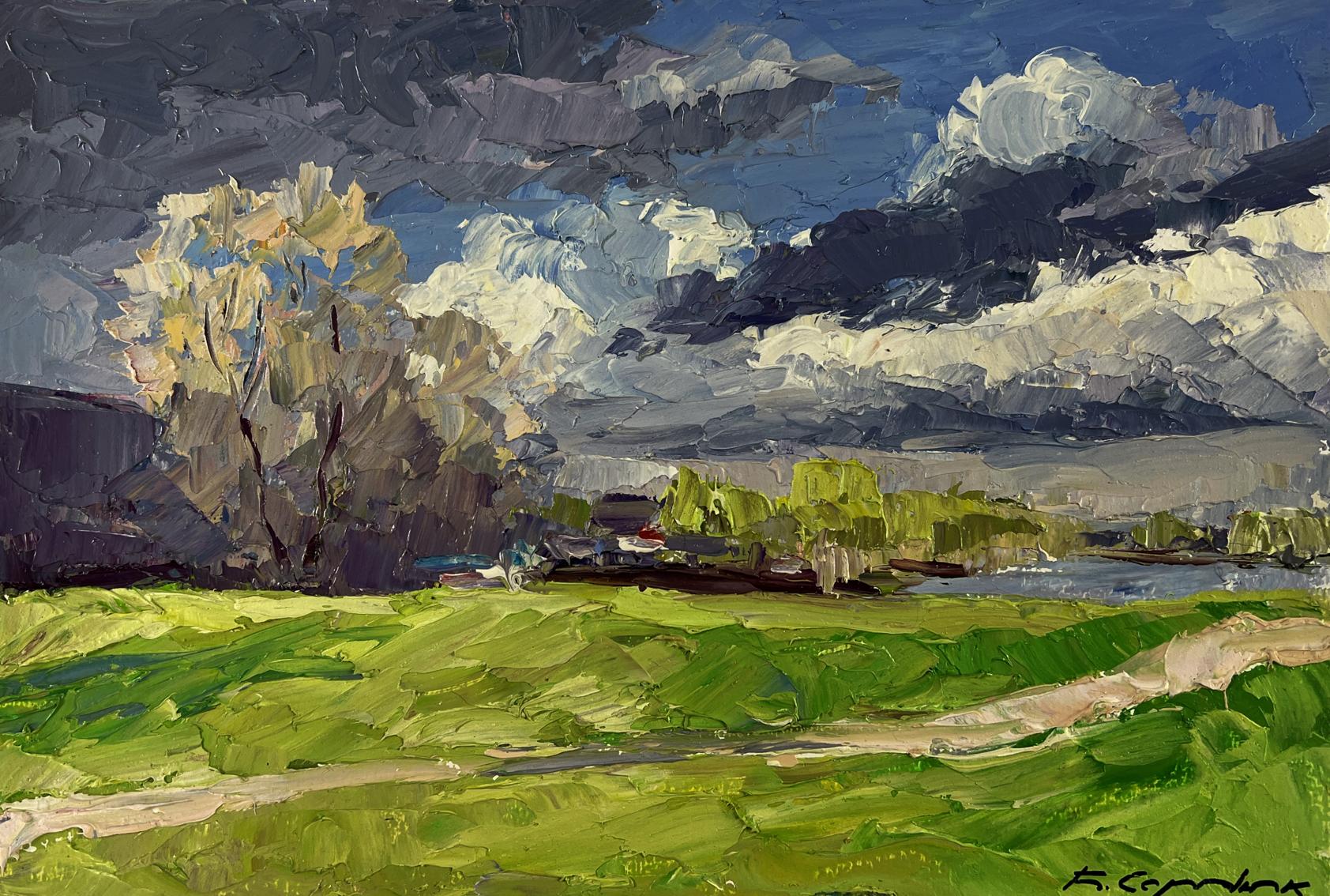 Oil painting The first rays of warm by Boris Serdyuk vibrant landscape