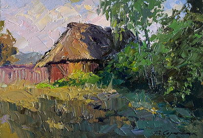 Oil painting of Boris Serdyuk house in field, rustic thatched cottage in lush greens