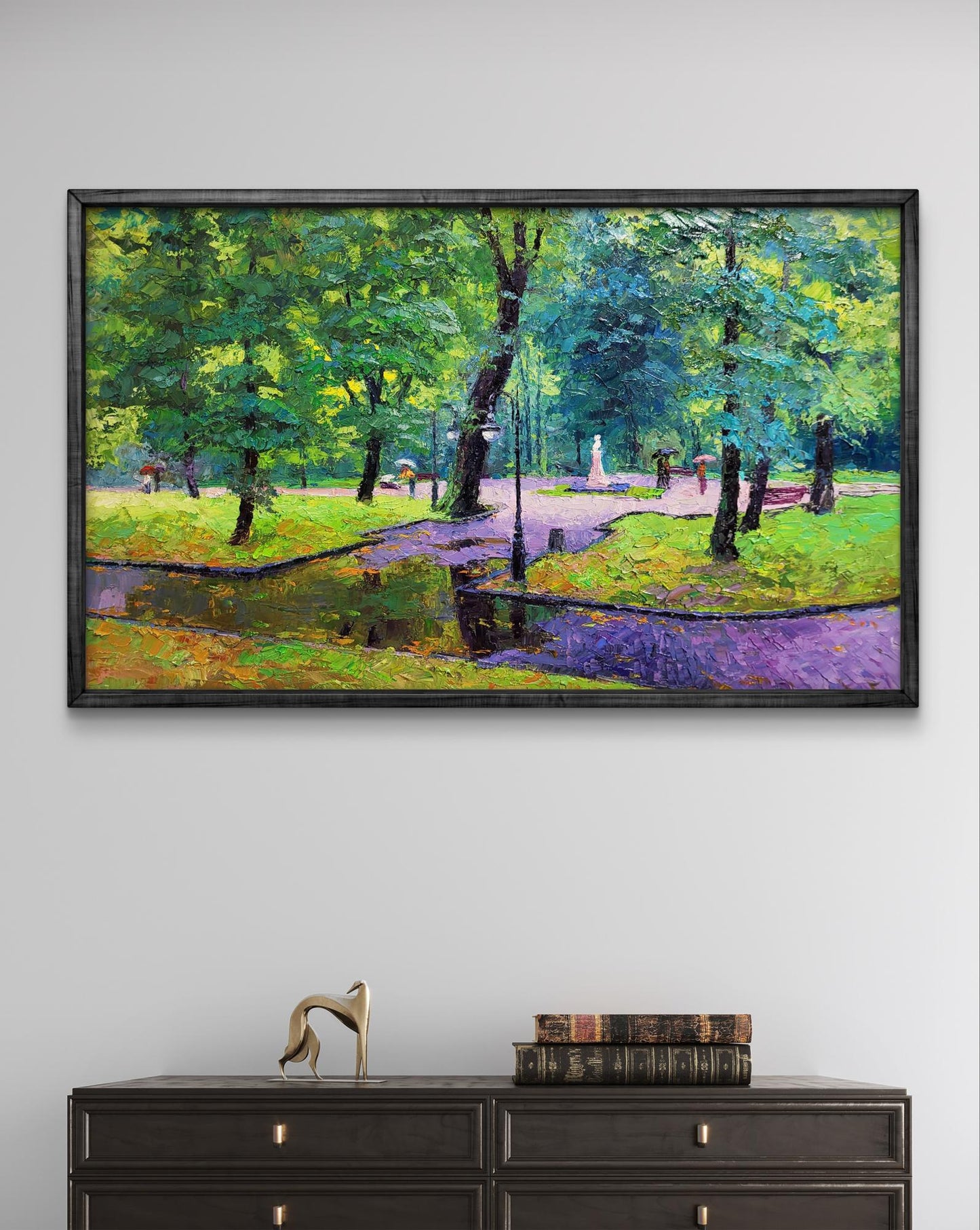 Framed impressionist oil painting of city park by Boris Serdyuk