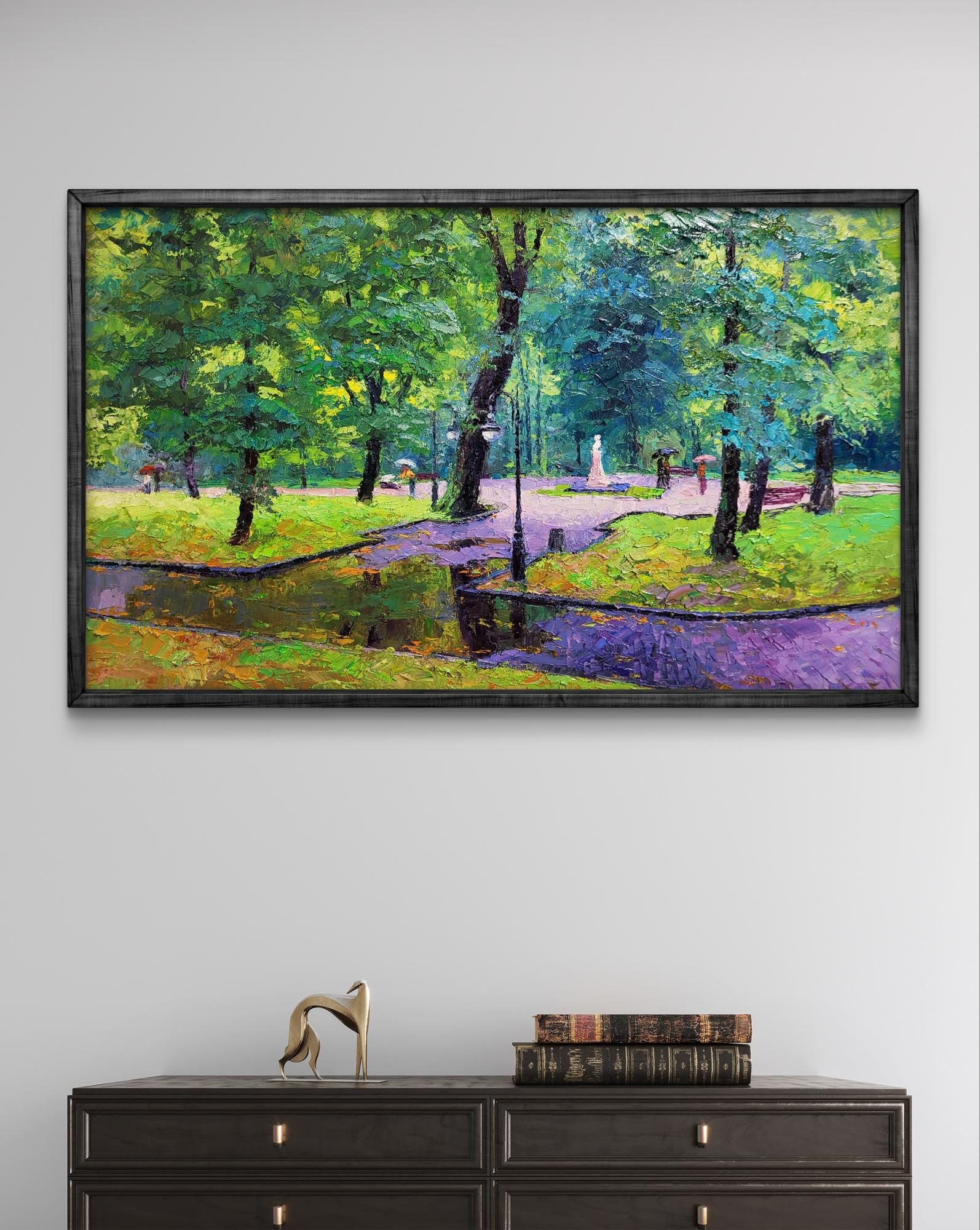 Framed impressionist oil painting of city park by Boris Serdyuk