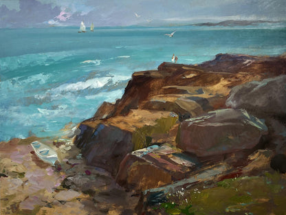 Oil painting Sea Symphony of Waves by Yuriy Suprunchuk: weathered rowboat on mossy cliffside