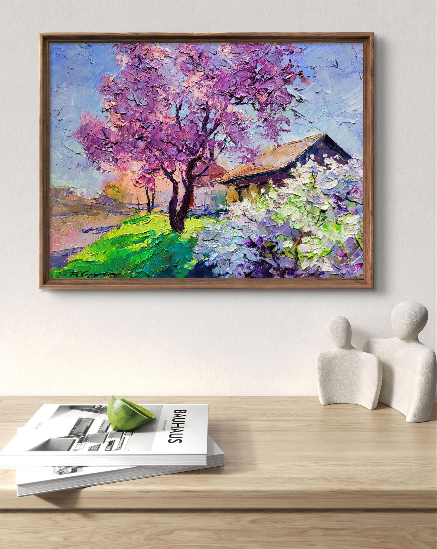 Oil painting May Boris Serdyuk: impressionist purple tree in rustic frame