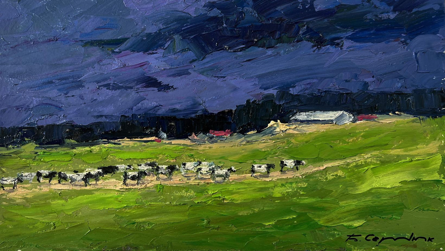 Oil painting Evening field by Boris Serdyuk: cows in green fields, swirling sky