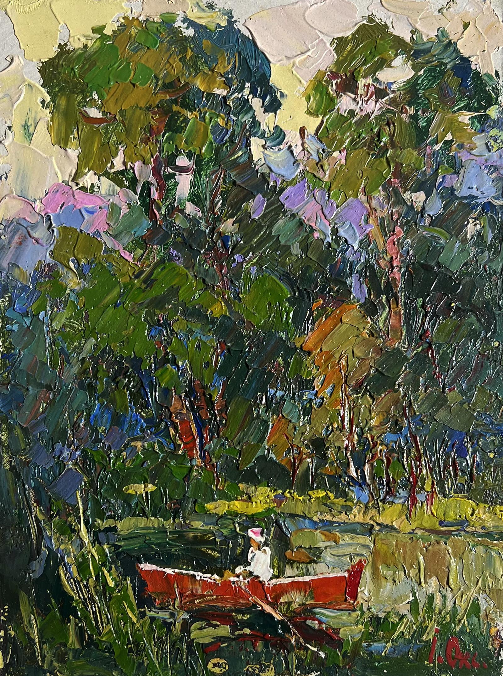 Oil painting A break from the city by Oksana Ivanyuk rowboat in foliage