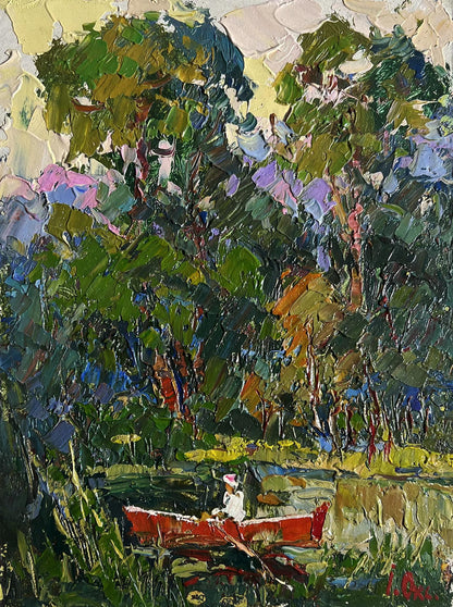 Oil painting A break from the city by Oksana Ivanyuk rowboat in foliage