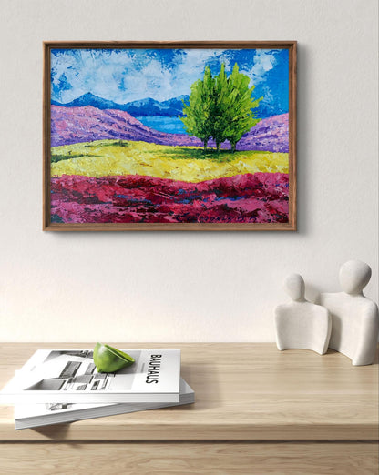 Oil painting of mountain lake and three trees by V. Zadorozhnya in wooden frame