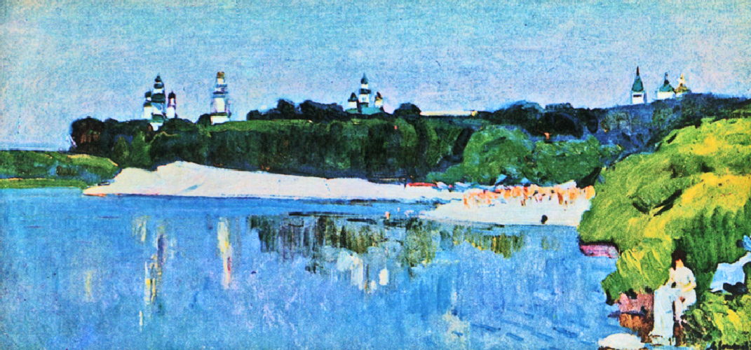 Vibrant impressionist riverbank by Oleksandr Lopukhov, 20th century art