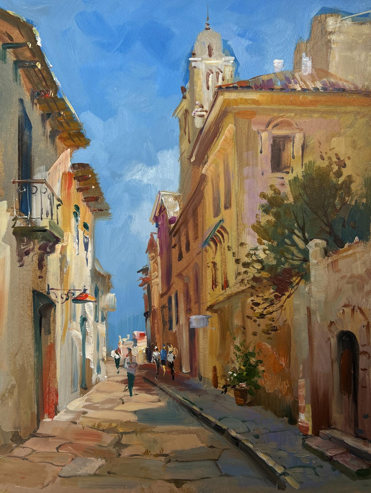 Oil painting Old alley of the city by Yuriy Suprunchuk with sunlit ochre street and bell tower