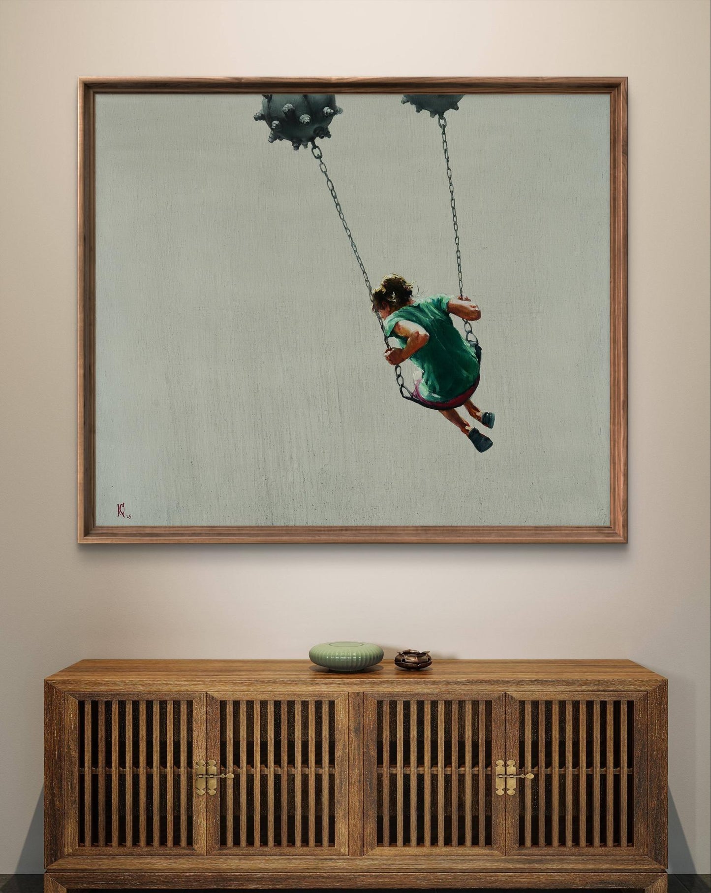 Oil painting by Oleg Kateryniuk: child in green dress swings from chains on spikes