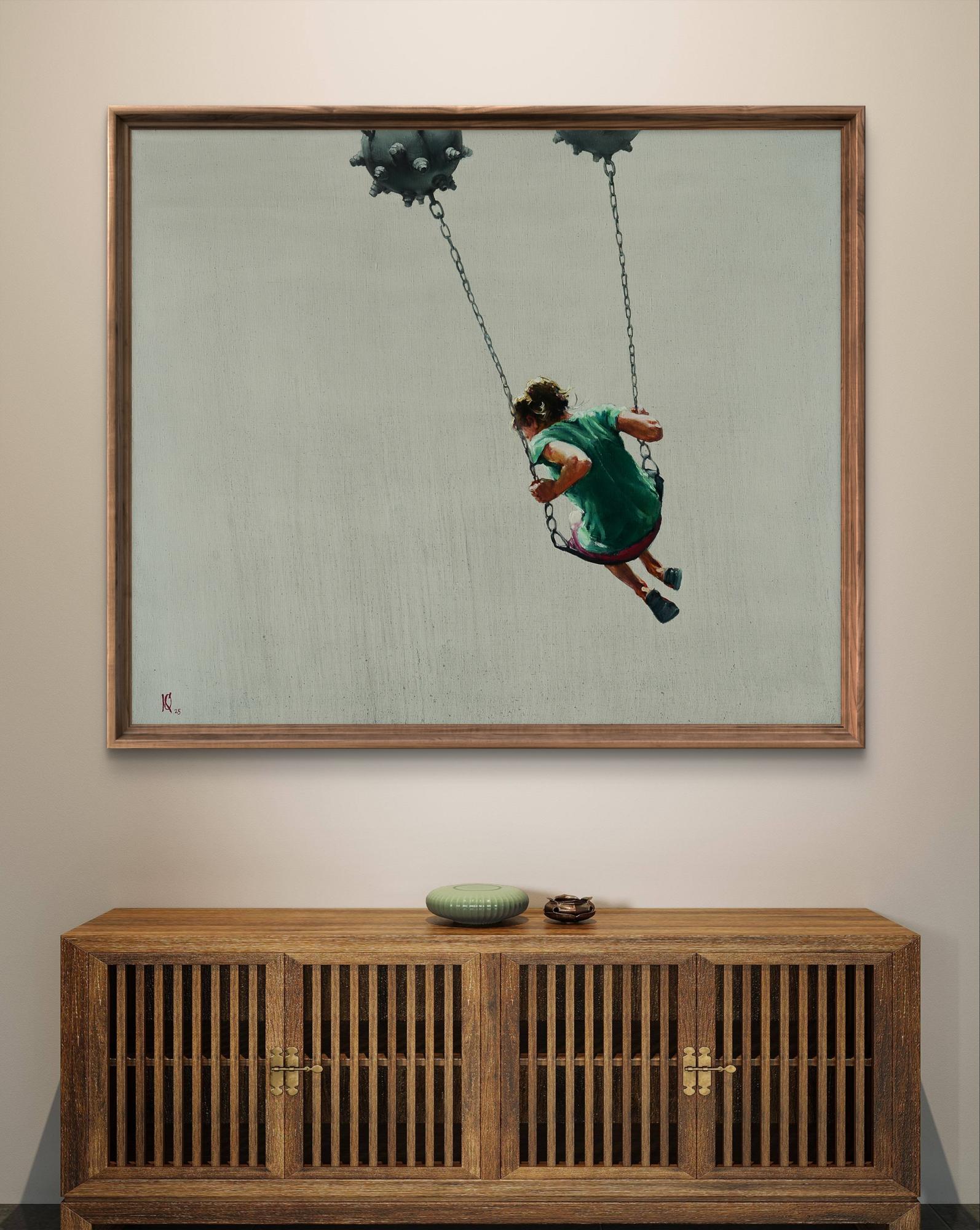 Oil painting by Oleg Kateryniuk: child in green dress swings from chains on spikes