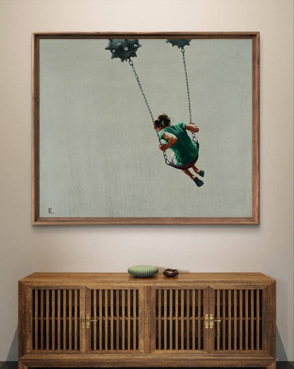 Oil painting by Oleg Kateryniuk: child in green dress swings from chains on spikes