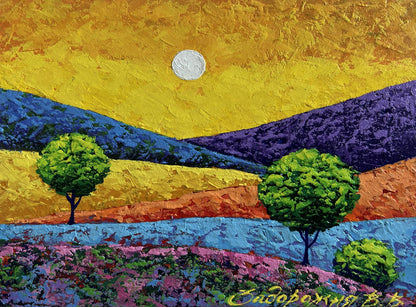 Oil painting by V. Zadorozhnya: yellow sunset over vibrant flower meadows