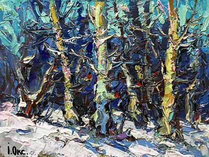 Abstract expressionist oil painting At the edge of the forest by Oksana Ivanyuk