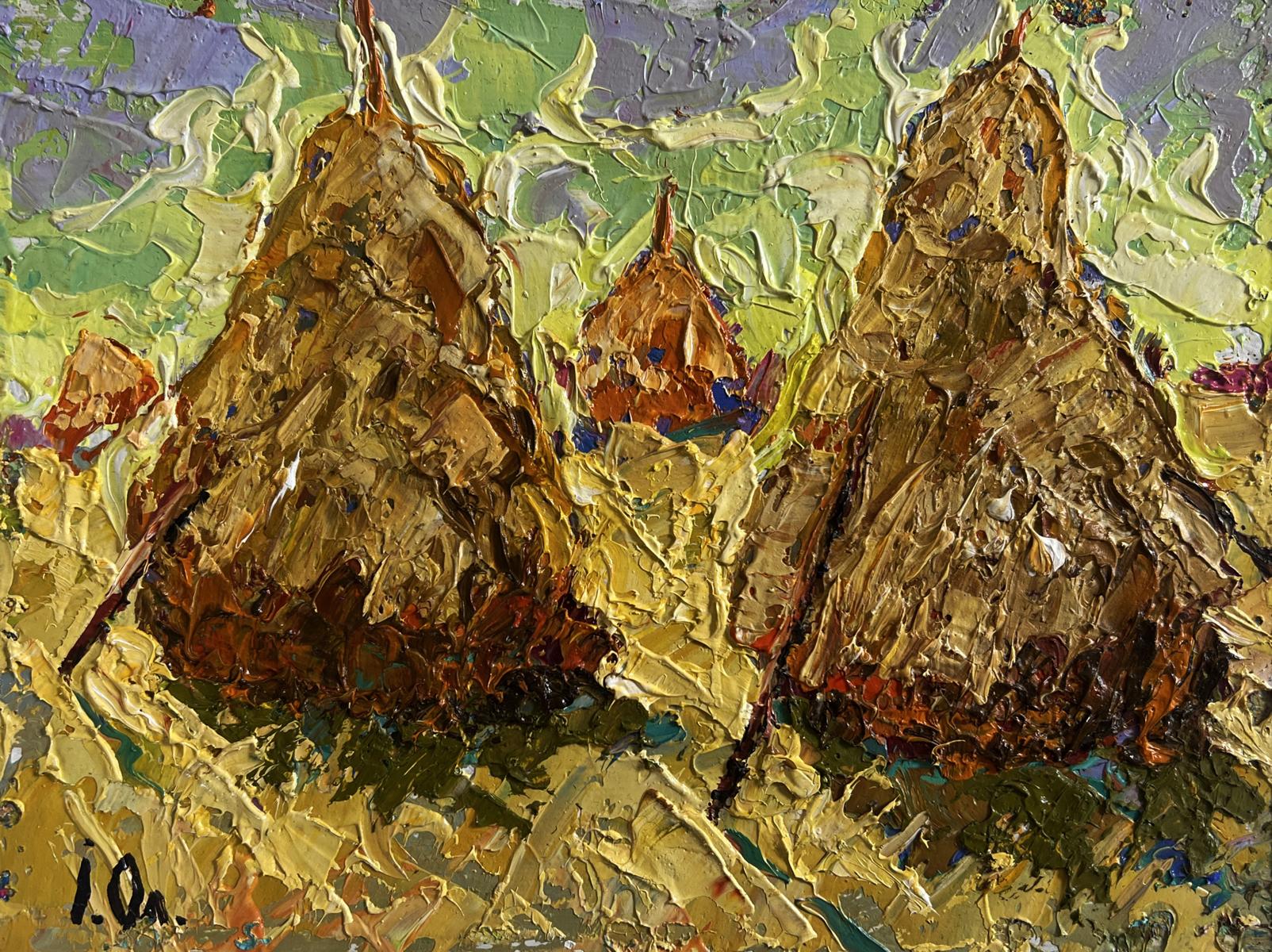 Impasto oil painting of golden-brown pears and haystacks by Oleksiy Ivanyuk