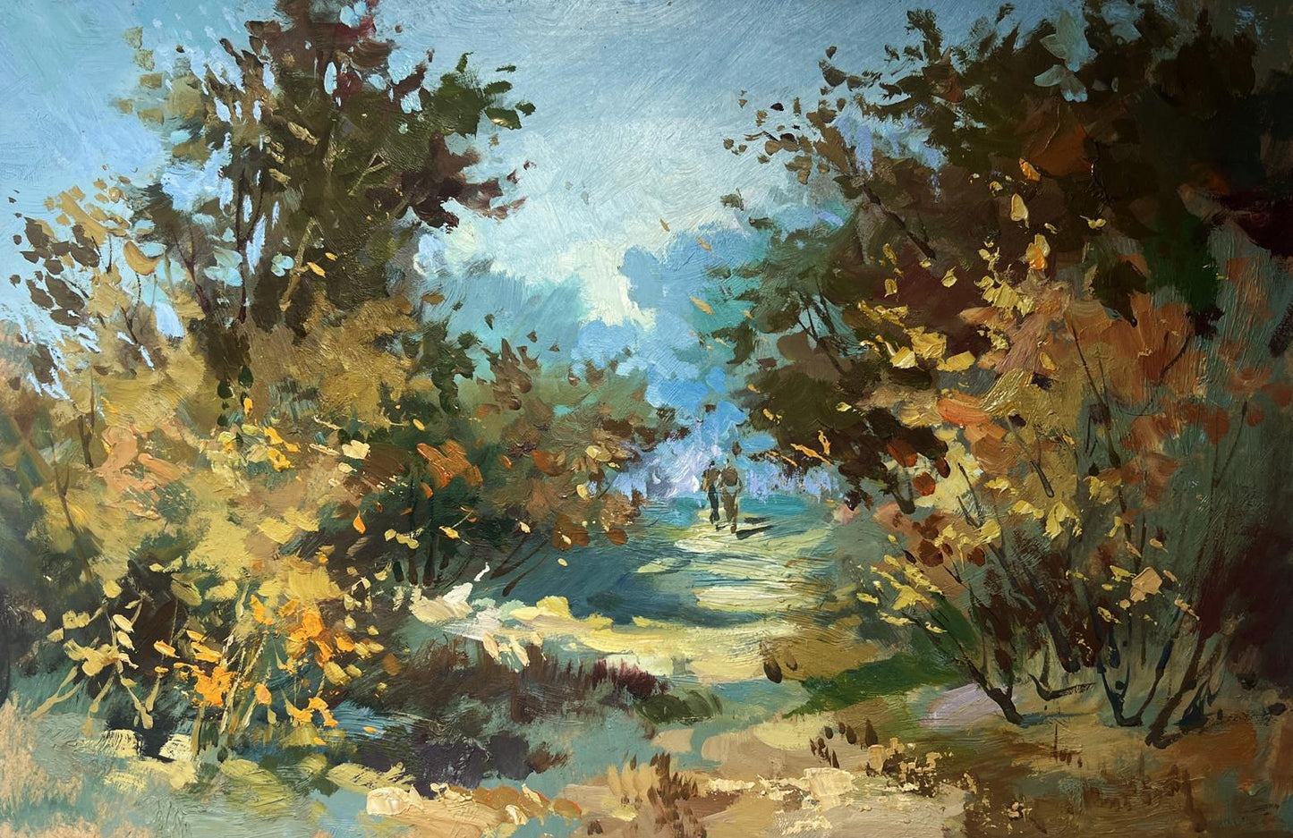 Oil painting by Yuriy Suprunchuk: Autumn trees frame sunlit forest path
