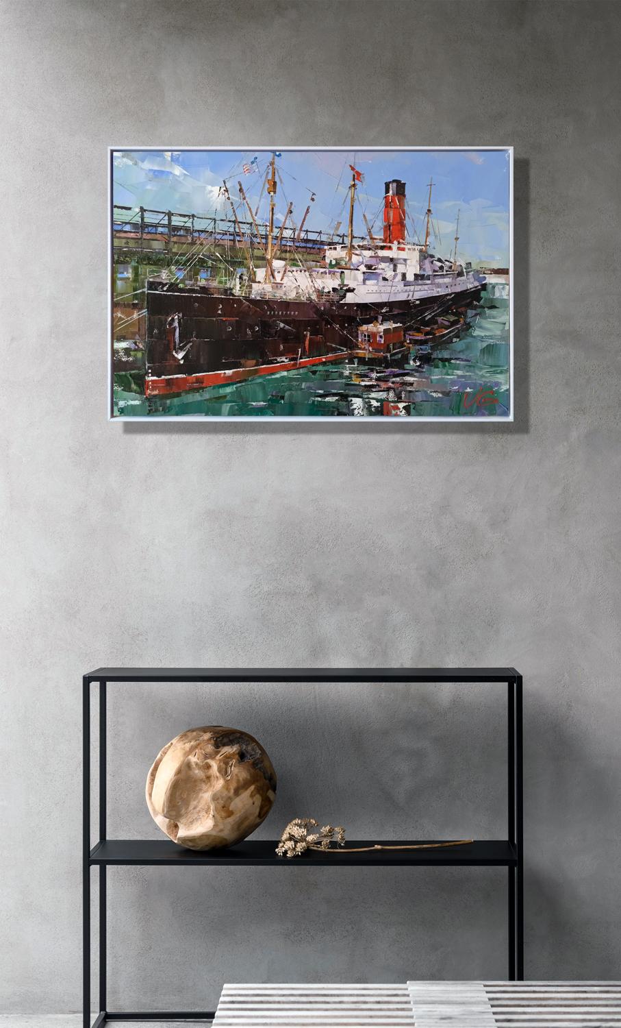 Oil painting of passenger ship Carpathia by Volodymyr Gluhomanyuk in white frame