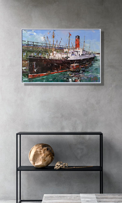Oil painting of passenger ship Carpathia by Volodymyr Gluhomanyuk in white frame