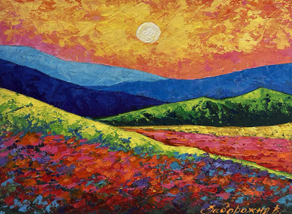 Vibrant Evening Sunset oil painting in mountain valley by V. Zadorozhnya