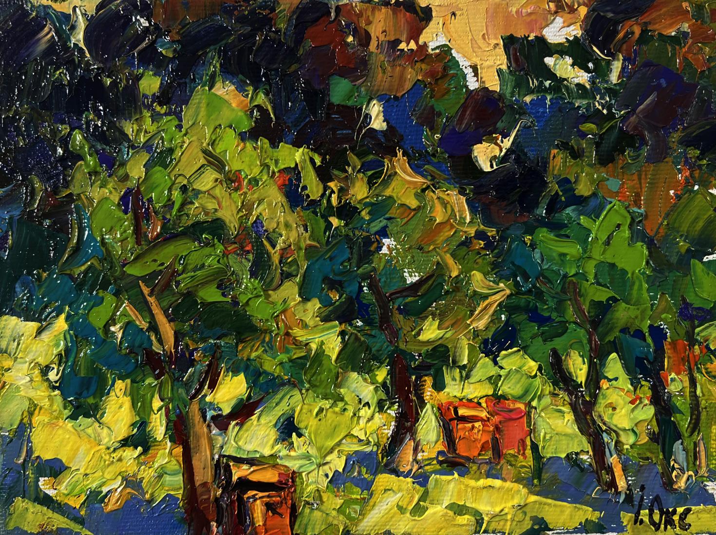 Vibrant impressionist oil painting Apiary in the forest by Oksana Ivanyuk