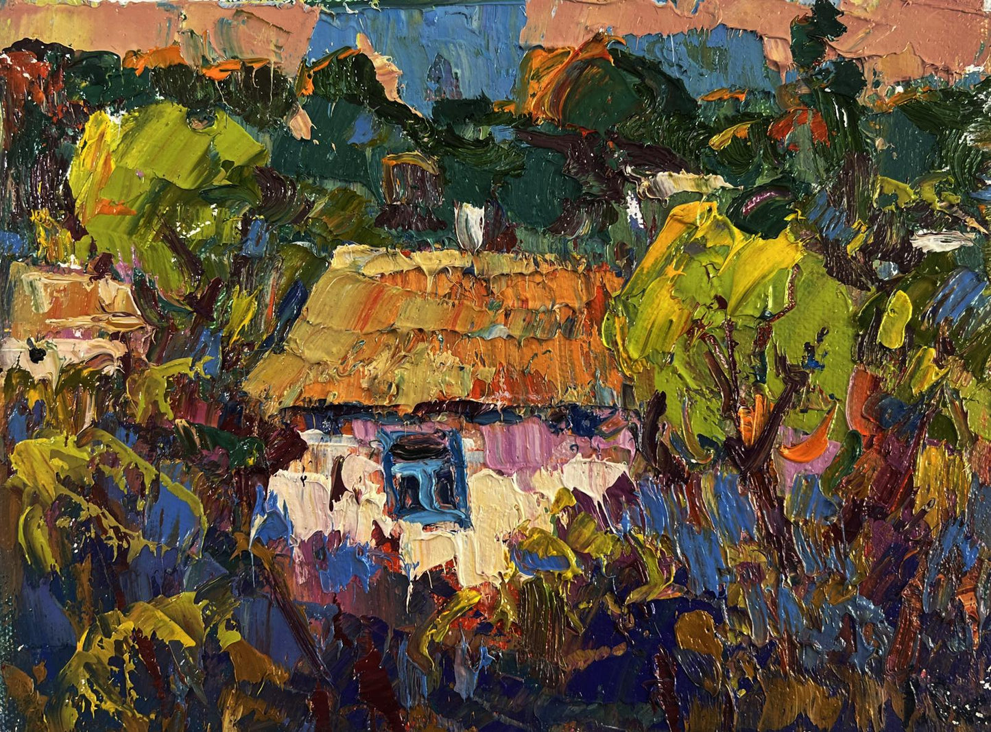 Vibrant impressionist oil painting of rustic cottage by Oleksiy Ivanyuk