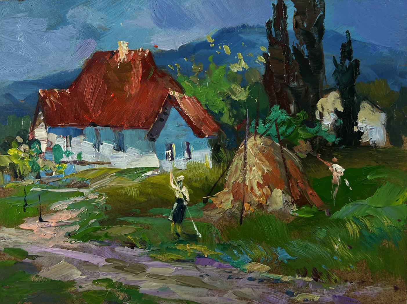 Oil painting of charming blue house with red roof by Yuriy Suprunchuk