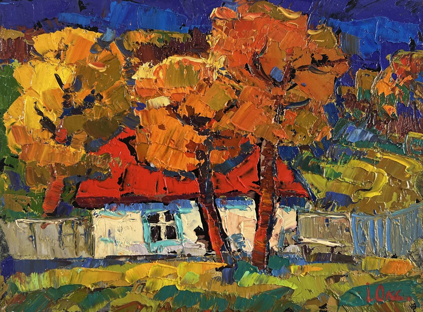 Oil painting Warmth of an autumn day by Oksana Ivanyuk vibrant autumn trees framing white house