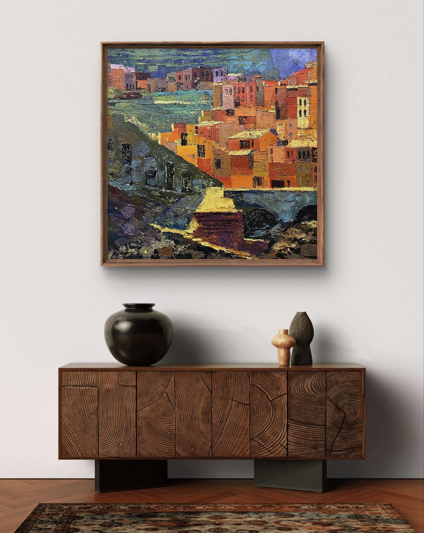 Oil painting Outspread by Serhiy Kovalev: sunlit hillside village in oranges and blues