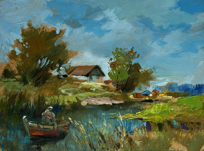 Oil painting of rustic red rowboat sailing home by Yuriy Suprunchuk