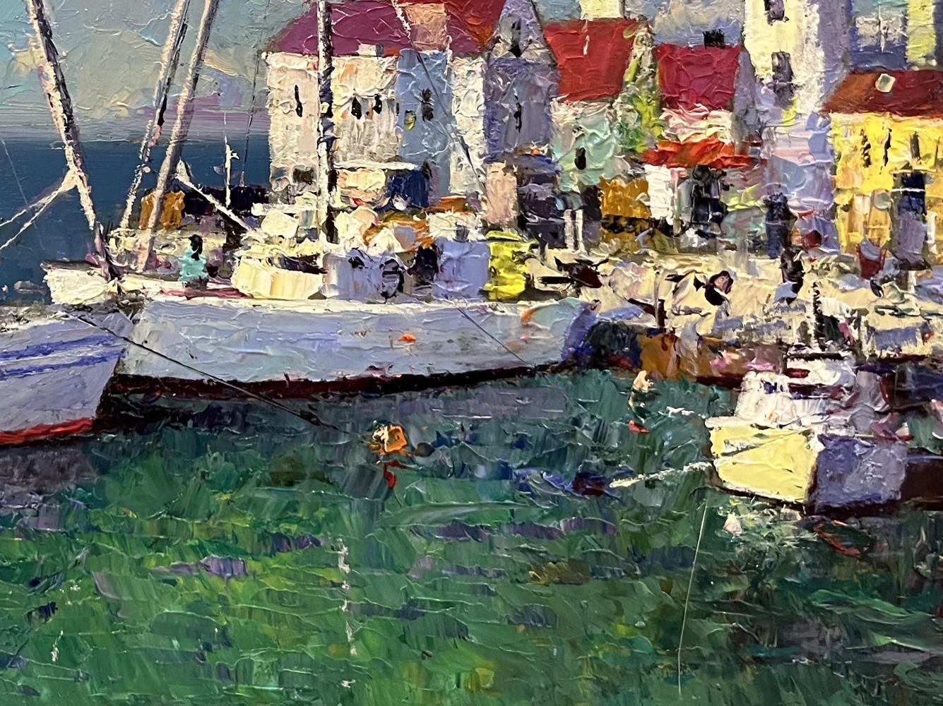 Vibrant impressionist oil painting of ships at shore by Serhiy Rybak