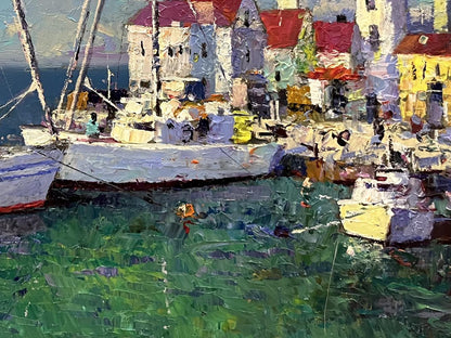 Vibrant impressionist oil painting of ships at shore by Serhiy Rybak