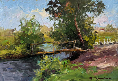 Oil painting by Boris Serdyuk: rustic wooden bridge in lush foliage