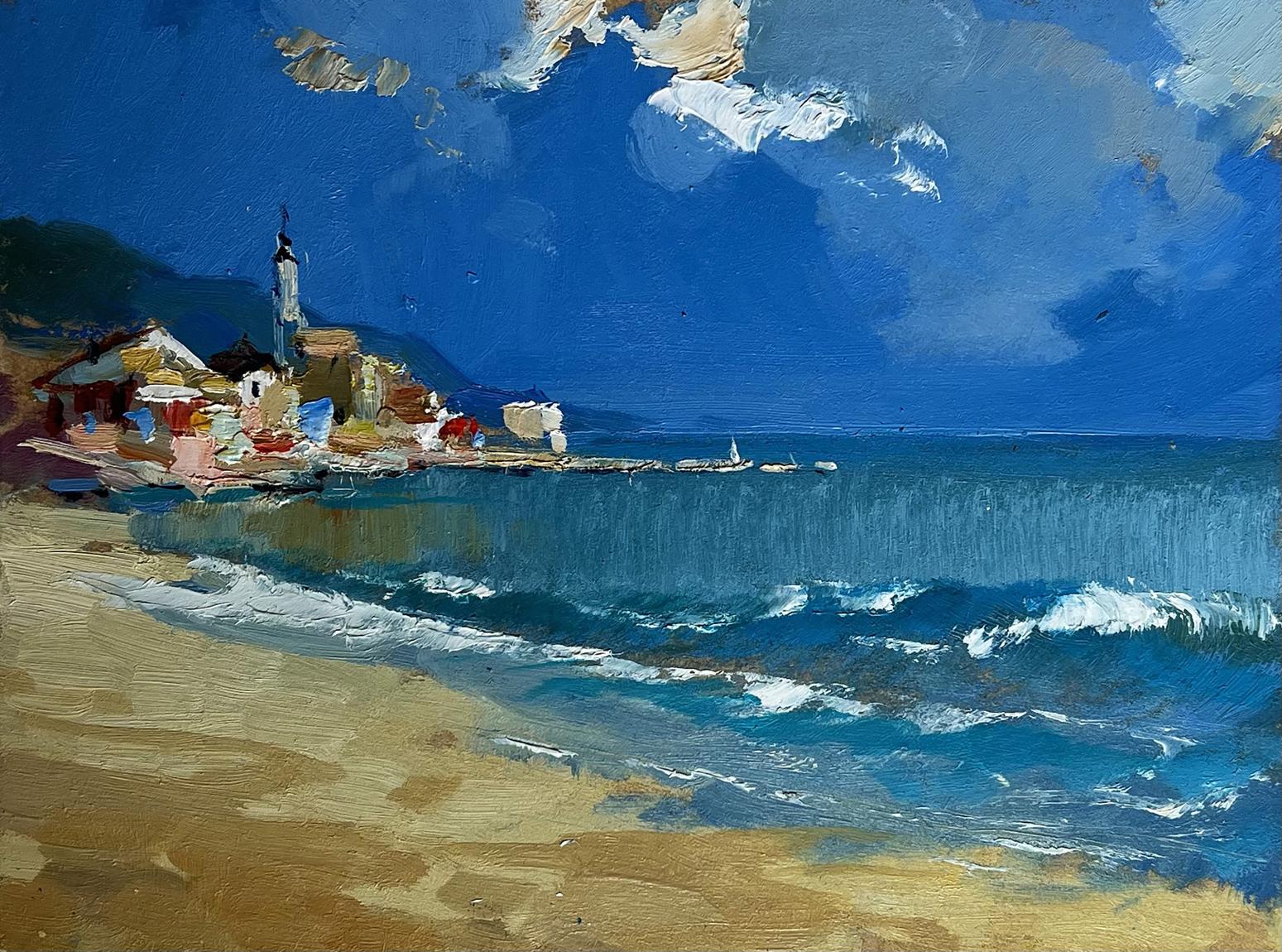 Oil painting by Yuriy Suprunchuk: vibrant blue waves on golden beach under dramatic sky