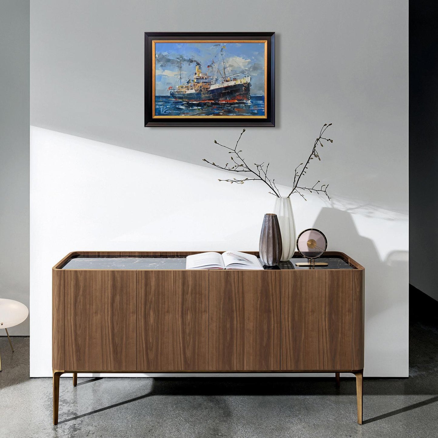Modern wooden sideboard with sleek minimalist design and thin metal legs