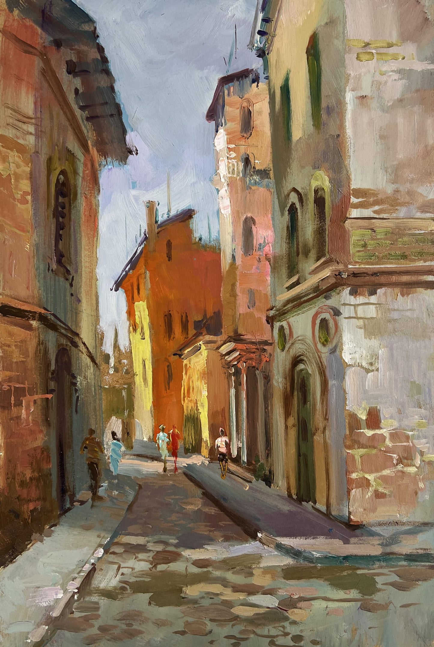 Warm-toned oil painting of sunlit cobblestone alley by Yuriy Suprunchuk