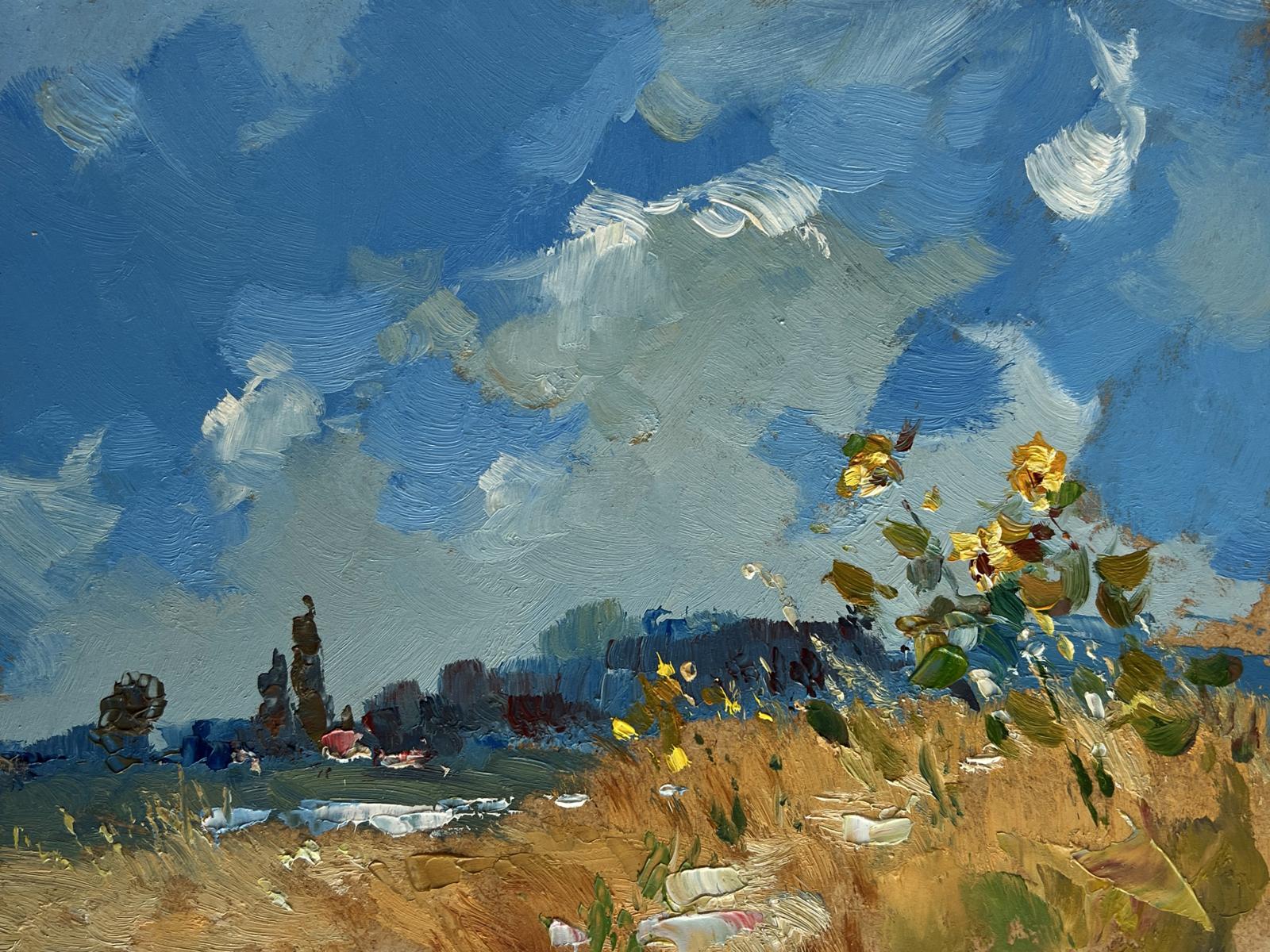 Vibrant impressionist oil painting of sunflowers reaching for blue sky by Yuriy Suprunchuk