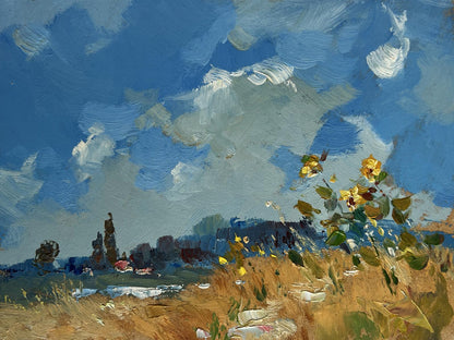 Vibrant impressionist oil painting of sunflowers reaching for blue sky by Yuriy Suprunchuk