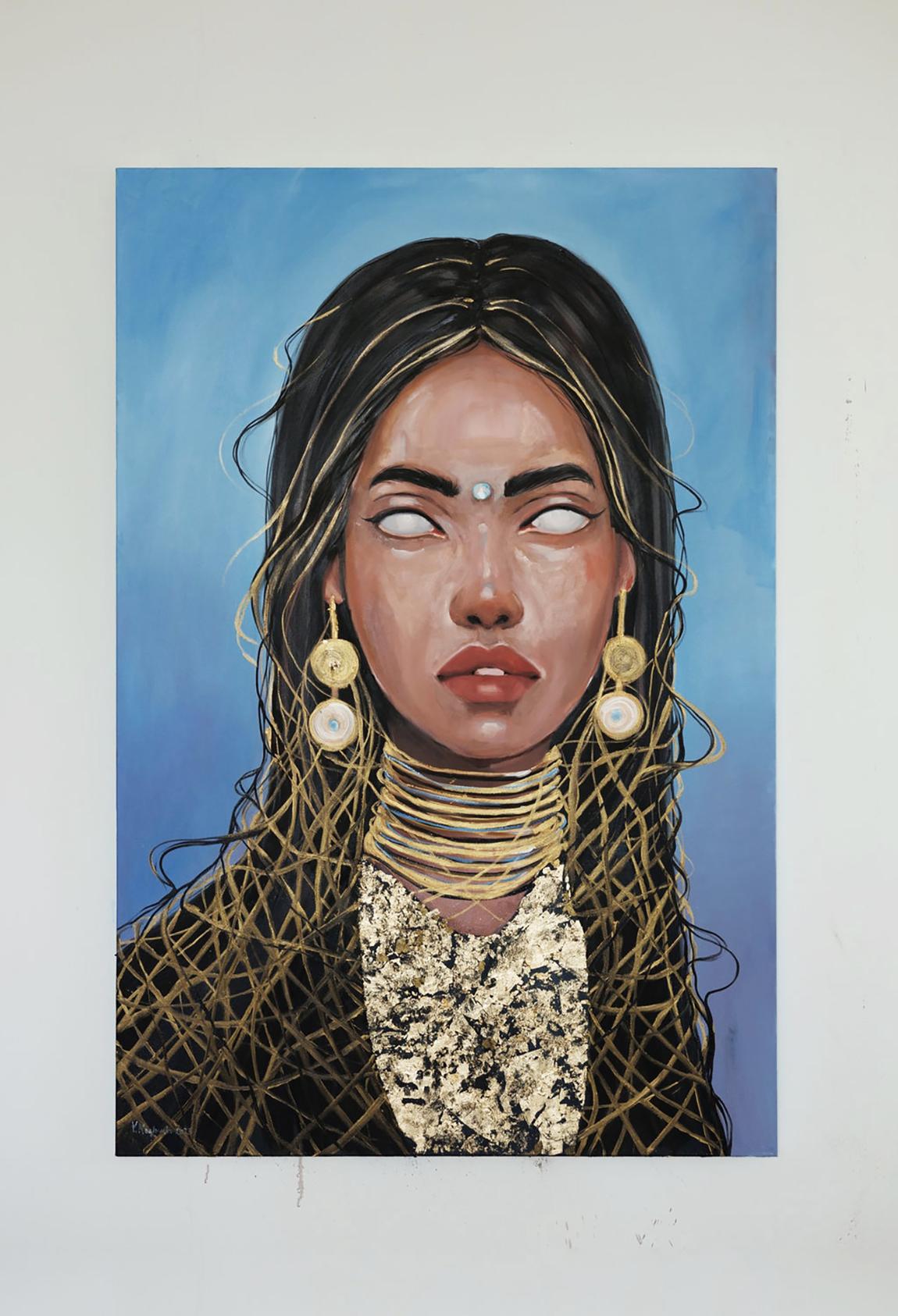 Oil painting Radiance by Victoria Kagalovska portrait of woman in gold netting