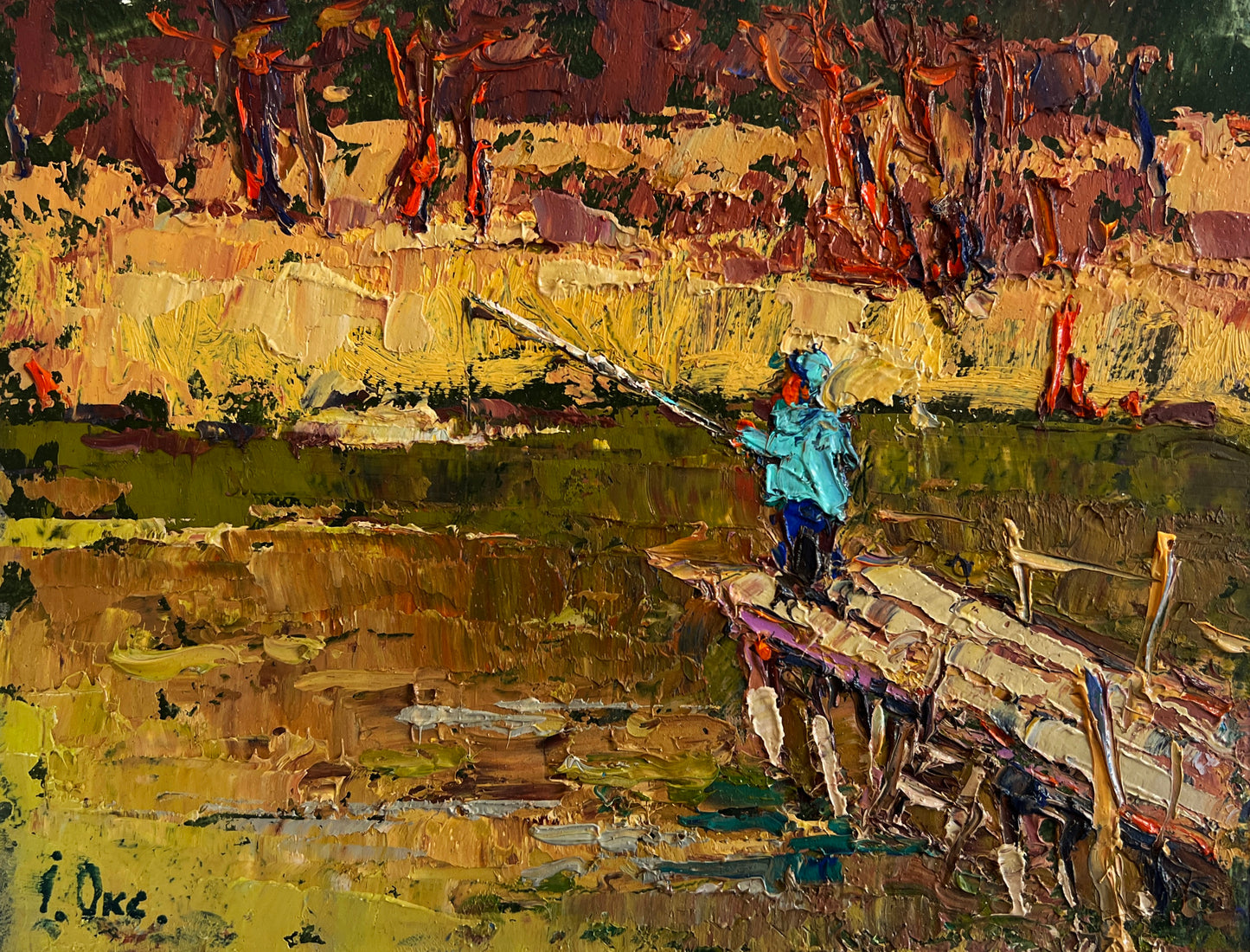 Vibrant impressionist painting by Oleksiy & Oksana Ivaniuk: lone teal figure on wooden bridge