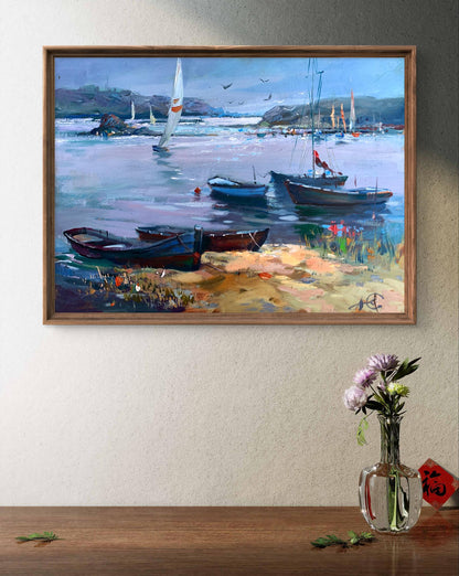 Framed oil painting by Yuriy Suprunchuk: coastal sailboats, birds, hills, blue sky