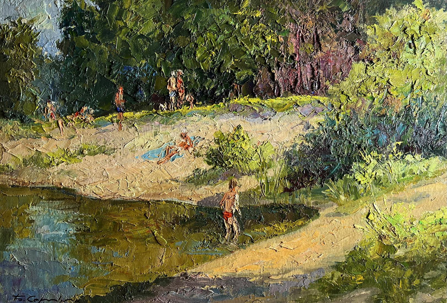 Impressionistic oil painting Summer vacation on the river by Boris Serdyuk
